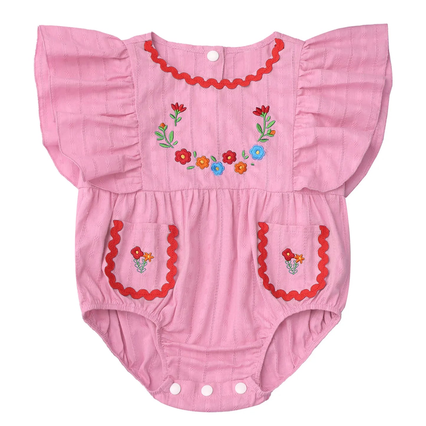Baby Girls Mexican Embroidered Ruffled Sleeves Romper (Age Newborn-24M) Pink