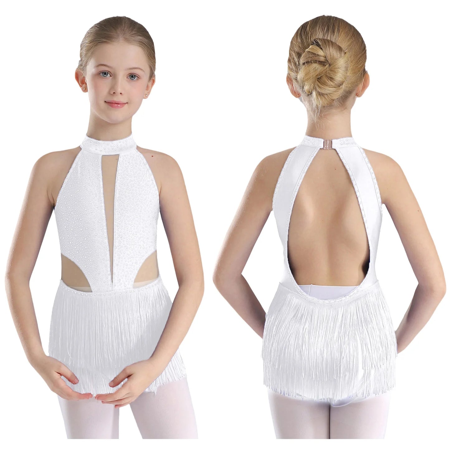 Girls Dance Costume Sleeveless Rhinestone Tassel Leotard (Age 6-16 YRS)