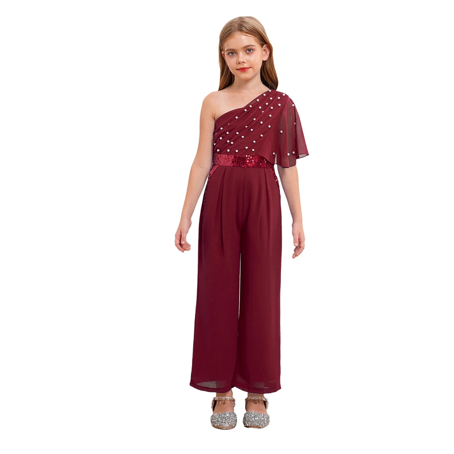 Girls One Shoulder PearlSequin Ruffled Wide Leg Jumpsuit (Age 6-14YRS)