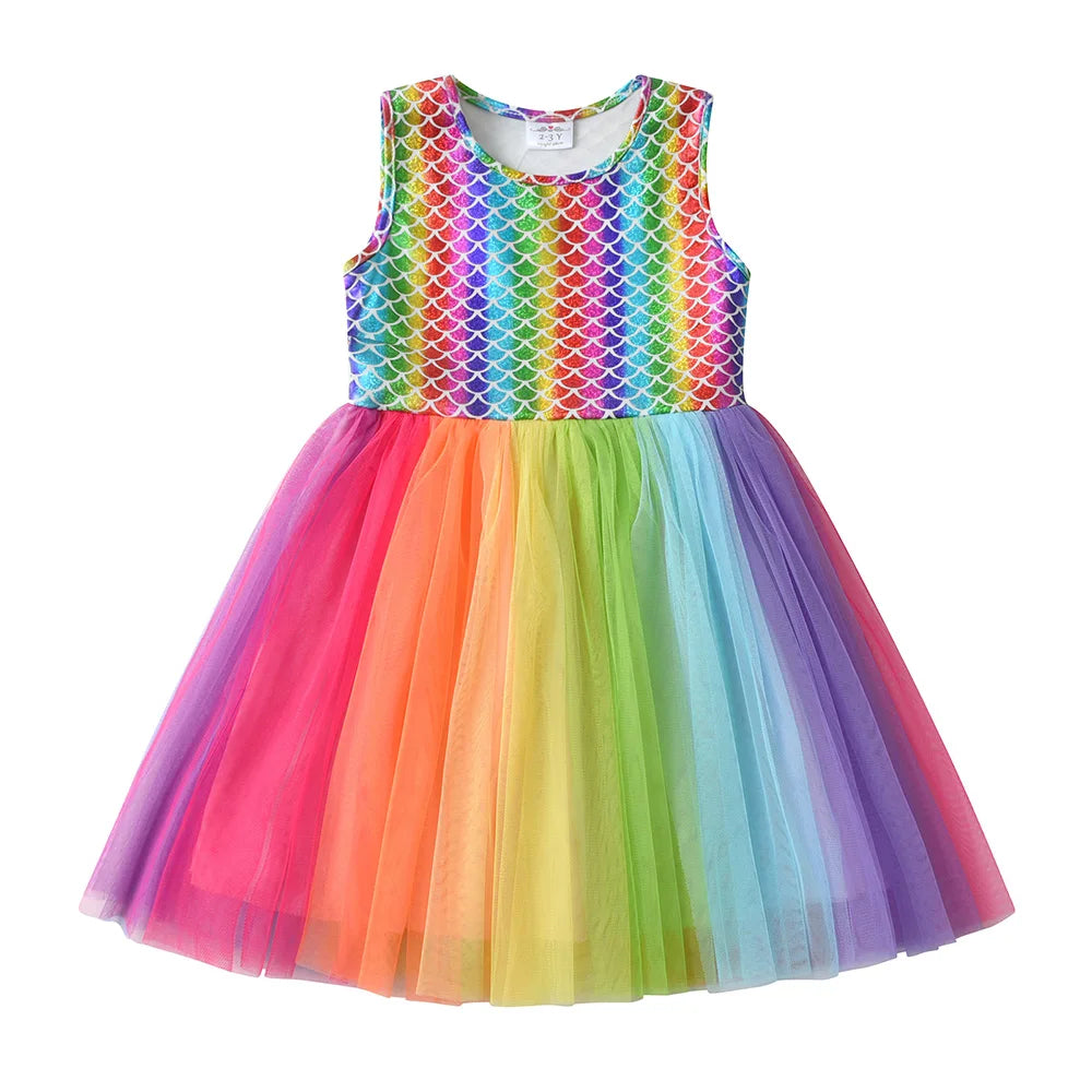 Girls Rainbow Tulle Party Dress (Age 5-8 YRS) Multi