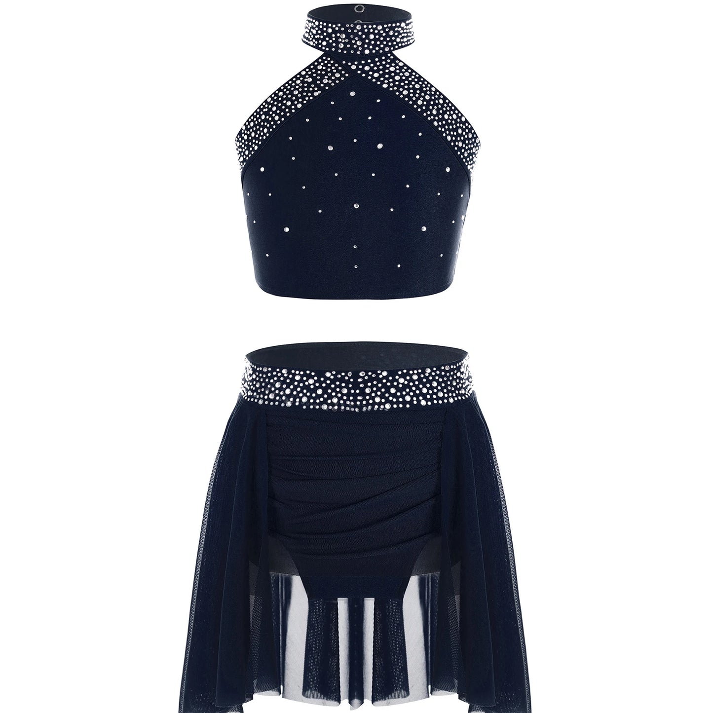 Girls Rhinestones Dance Outfit Tops & Skirt Set (Age 6-16 YRS) Navy Blue