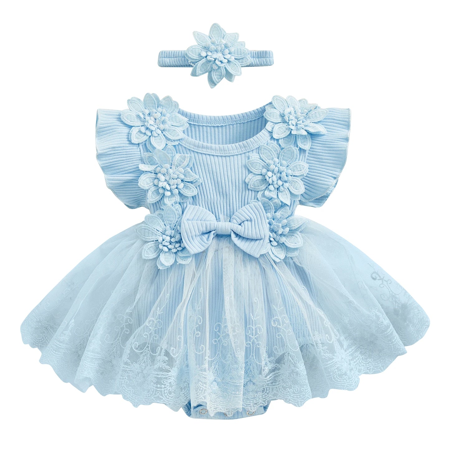 Baby Girls Floral Romper Dress (Age 3M-18M) Blue