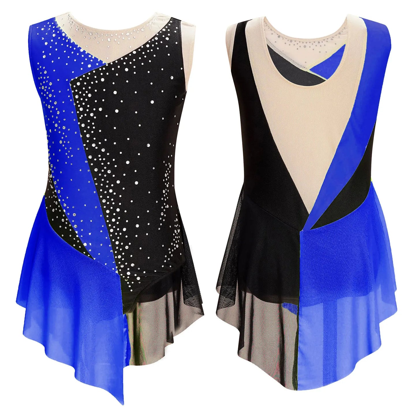 Rhinestone Gymnastics Figure Skating Dress for Teen Girls Sleeveless Sheer Mesh Tutu Ballet Leotard Lyrical Performance Costume Royal Blue