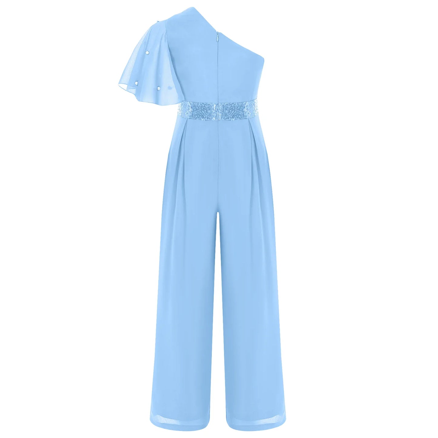Girls One Shoulder PearlSequin Ruffled Wide Leg Jumpsuit (Age 6-14YRS)