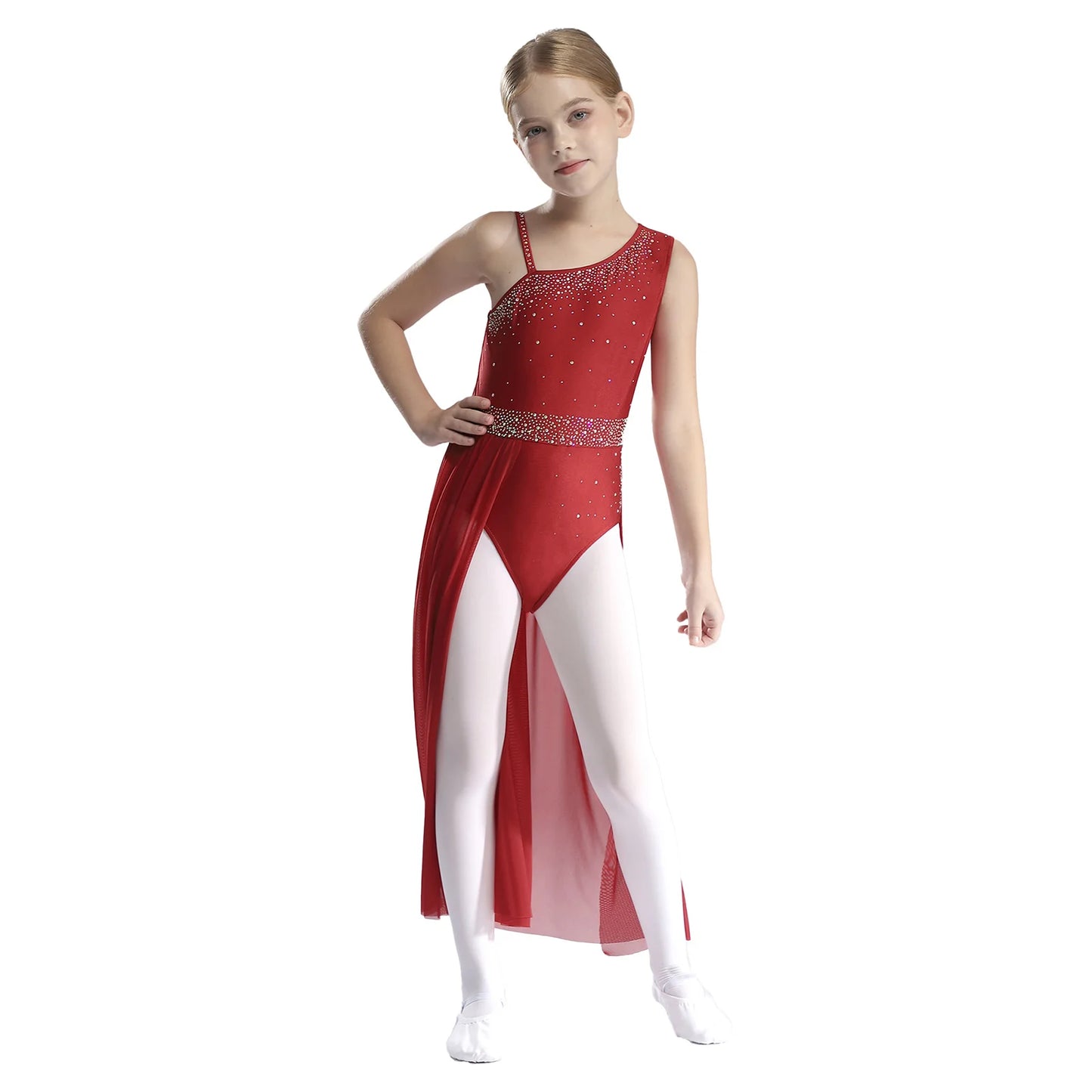 Girls Dance Costume Ballet Rhinestones Sleeveless Sheer Mesh Leotard Dress (Age 6-16 YRS)