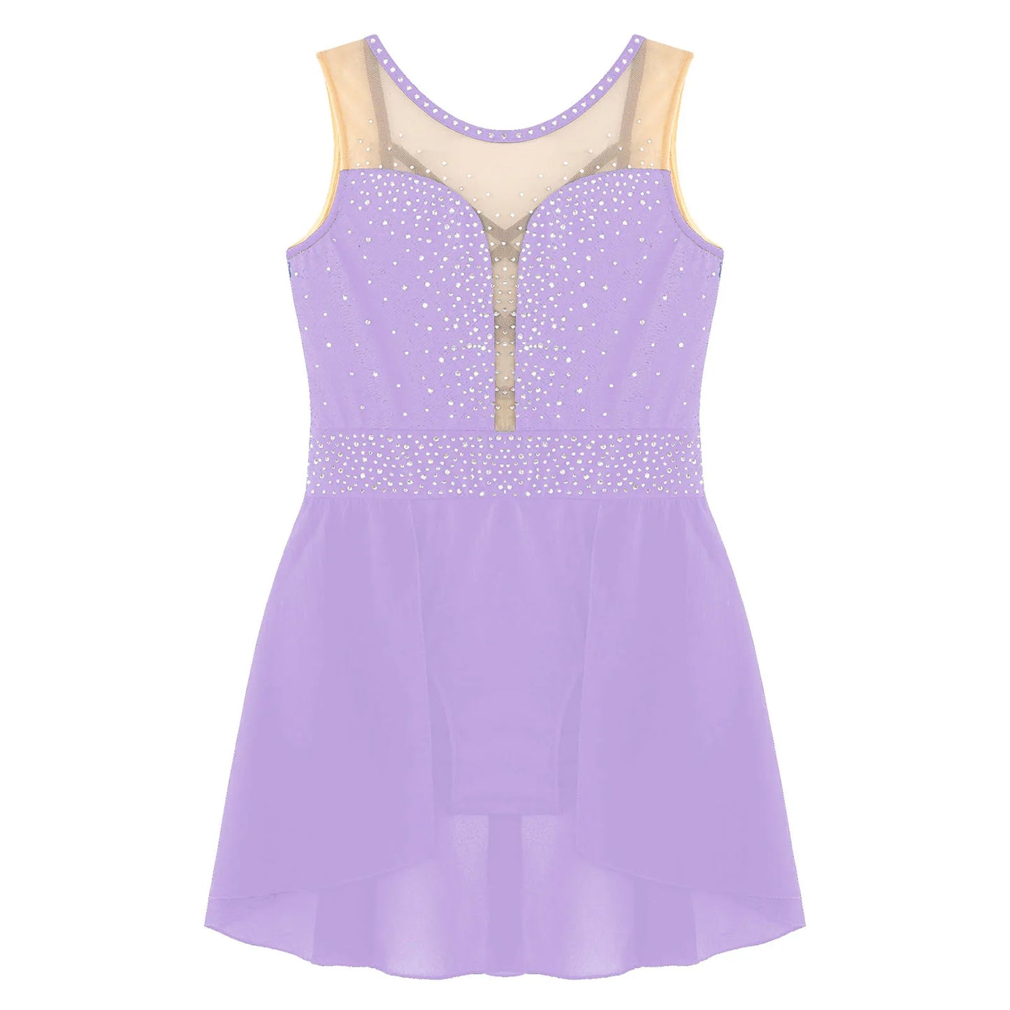 Rhinestone Gymnastics Figure Skating Dress for Teen Girls Sleeveless Sheer Mesh Tutu Ballet Leotard Lyrical Performance Costume