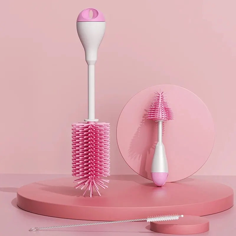 Silicone Baby Bottle Brush Cleaning 360 Degree Rotation Pink