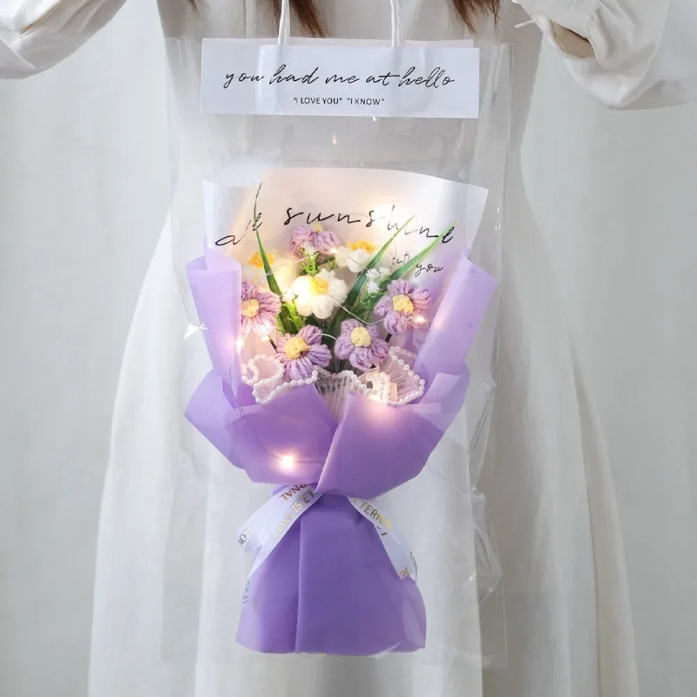 Hand Knitted Crochet Gift Flowers Bouquet With LED Lights Purple