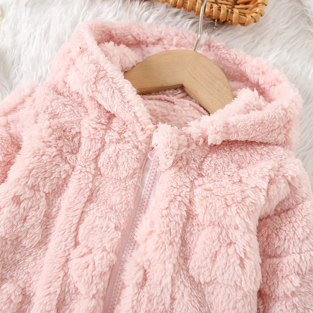 Baby Girl Pink Fleece Heart Pattern Hooded Jacket (Age 6M-3 YRS)