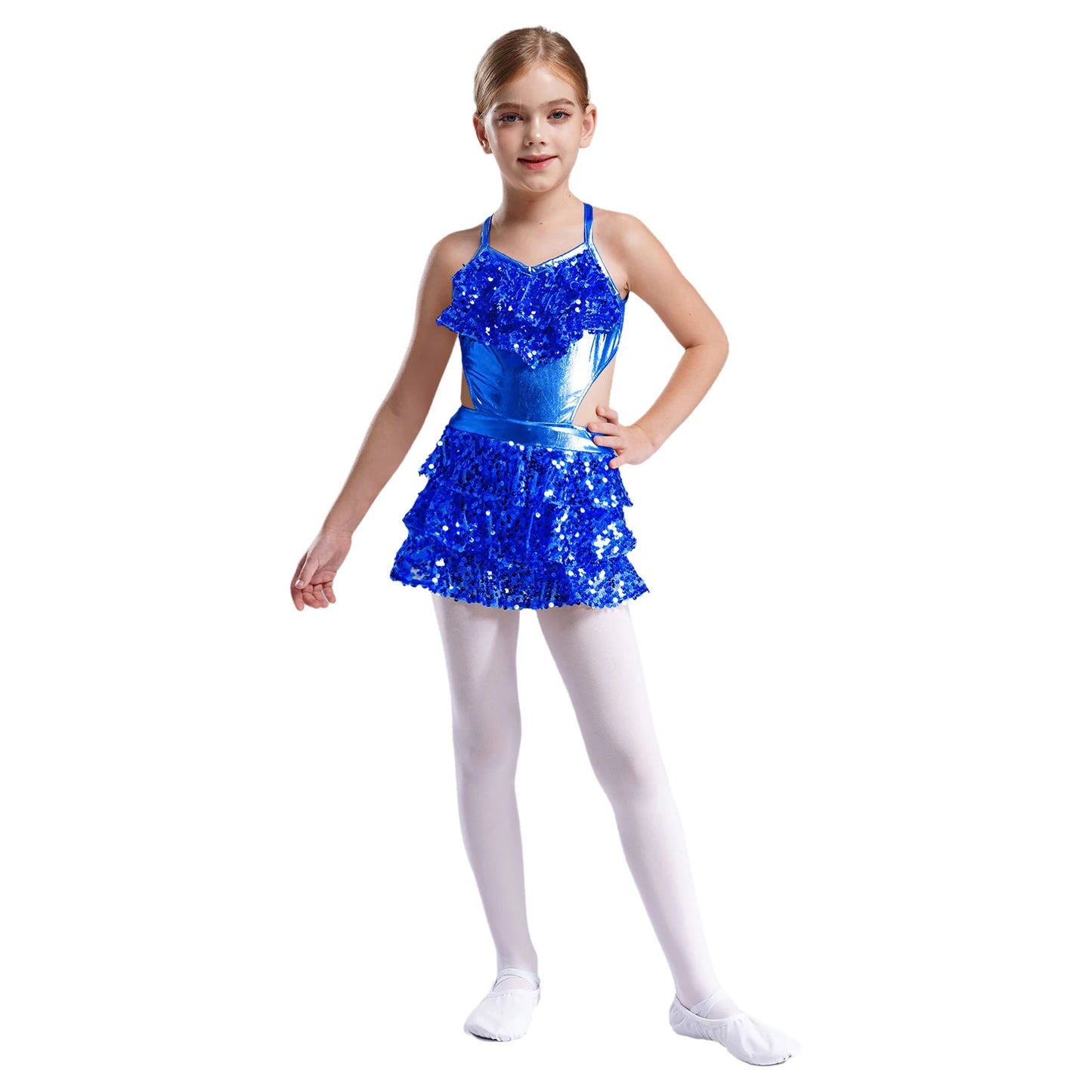 Girls Sequin Dance Sleeveless Cutout Tiered Ruffle Metallic Leotard Dress (Age 6-16 YRS)