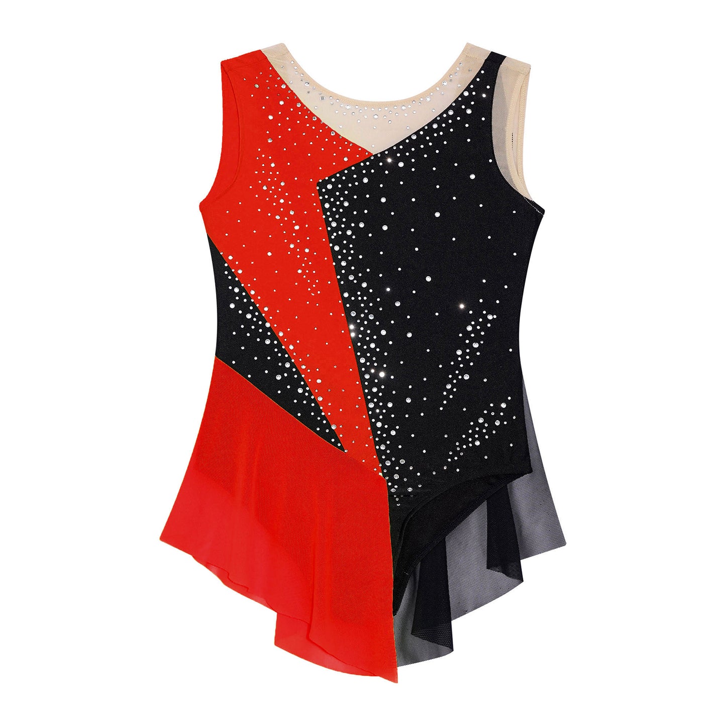Rhinestone Gymnastics Figure Skating Dress for Teen Girls Sleeveless Sheer Mesh Tutu Ballet Leotard Lyrical Performance Costume