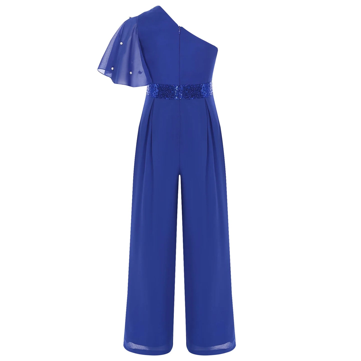 Girls One Shoulder PearlSequin Ruffled Wide Leg Jumpsuit (Age 6-14YRS)
