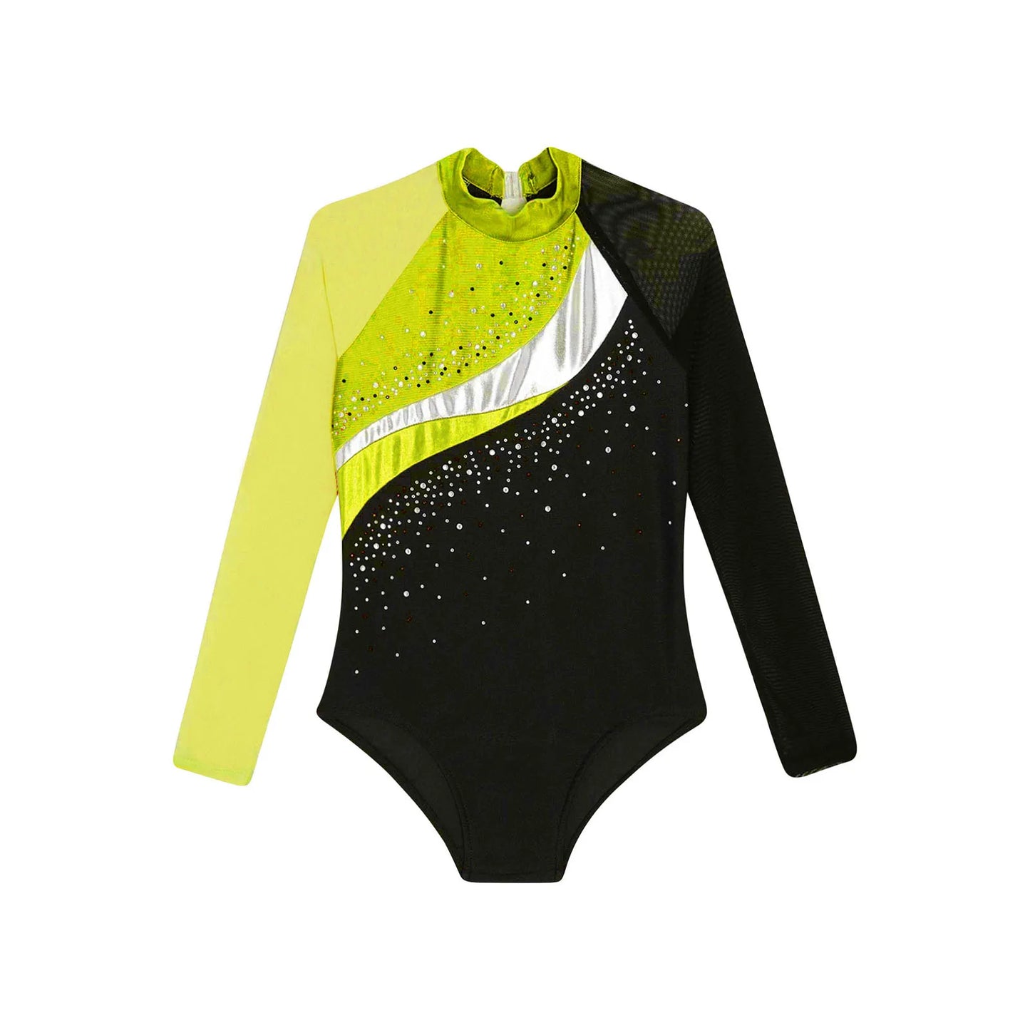 Girls Ballet Dance Leotard Gymnastics Rhinestones Sheer Mesh Long Sleeve (Age 4-16 YRS)