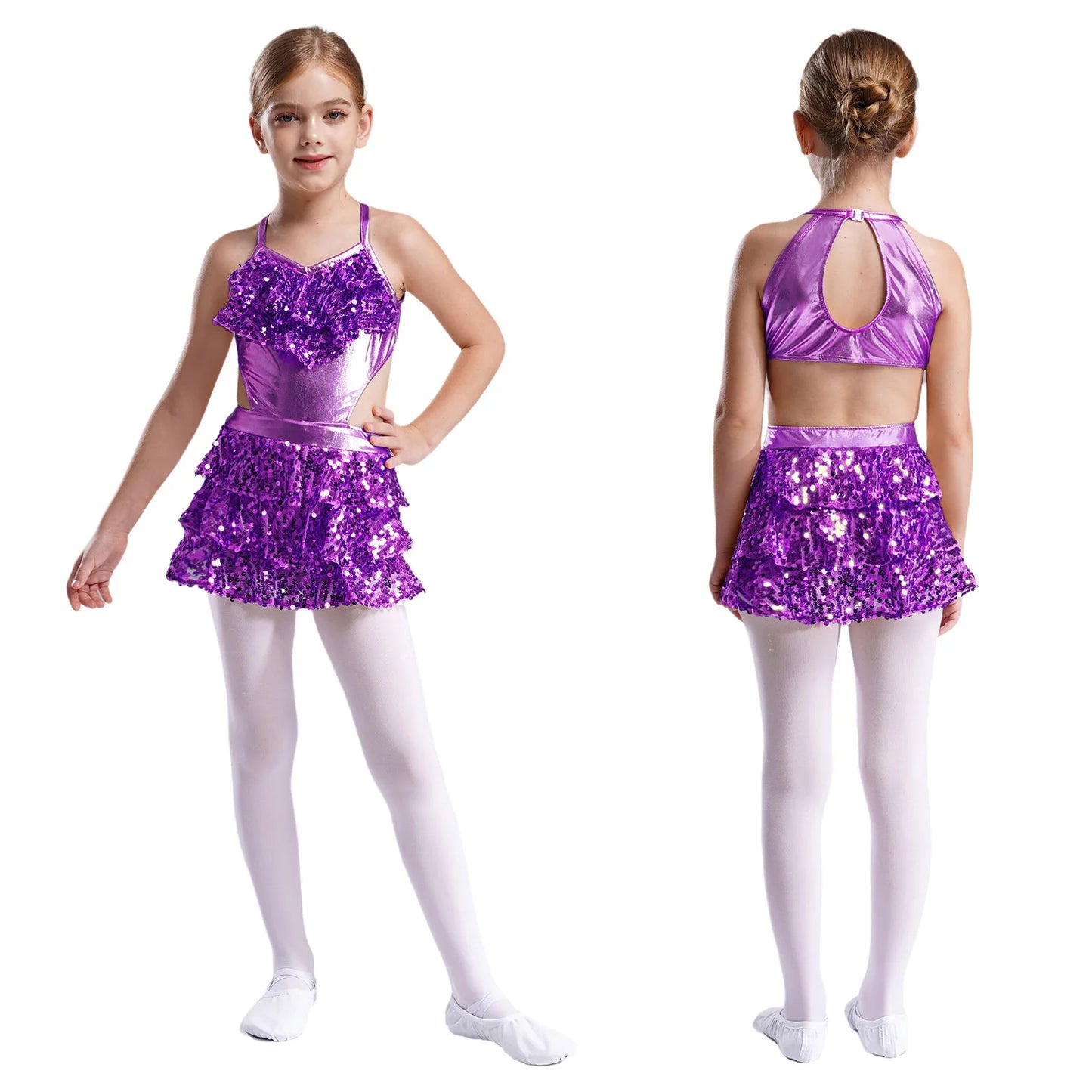 Girls Sequin Dance Sleeveless Cutout Tiered Ruffle Metallic Leotard Dress (Age 6-16 YRS) Purple