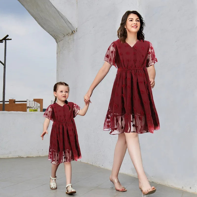 Mother & Daughter Matching Short Sleeves V-neck Polka Dot Dress (Mommy & Me) Burgundy