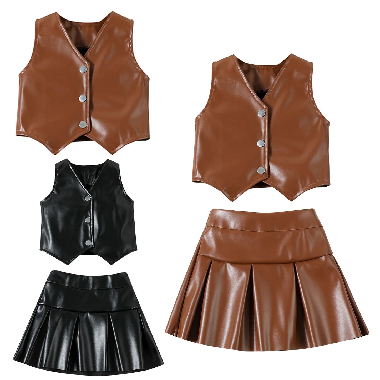 Toddler Girls Faux Leather Sleeveless Vest Top & Pleated Skirt Set (24M-6YRS)