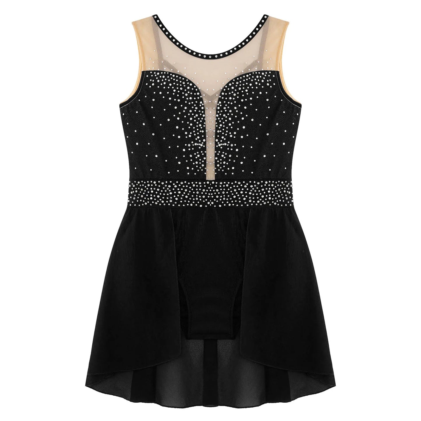 Rhinestone Gymnastics Figure Skating Dress for Teen Girls Sleeveless Sheer Mesh Tutu Ballet Leotard Lyrical Performance Costume