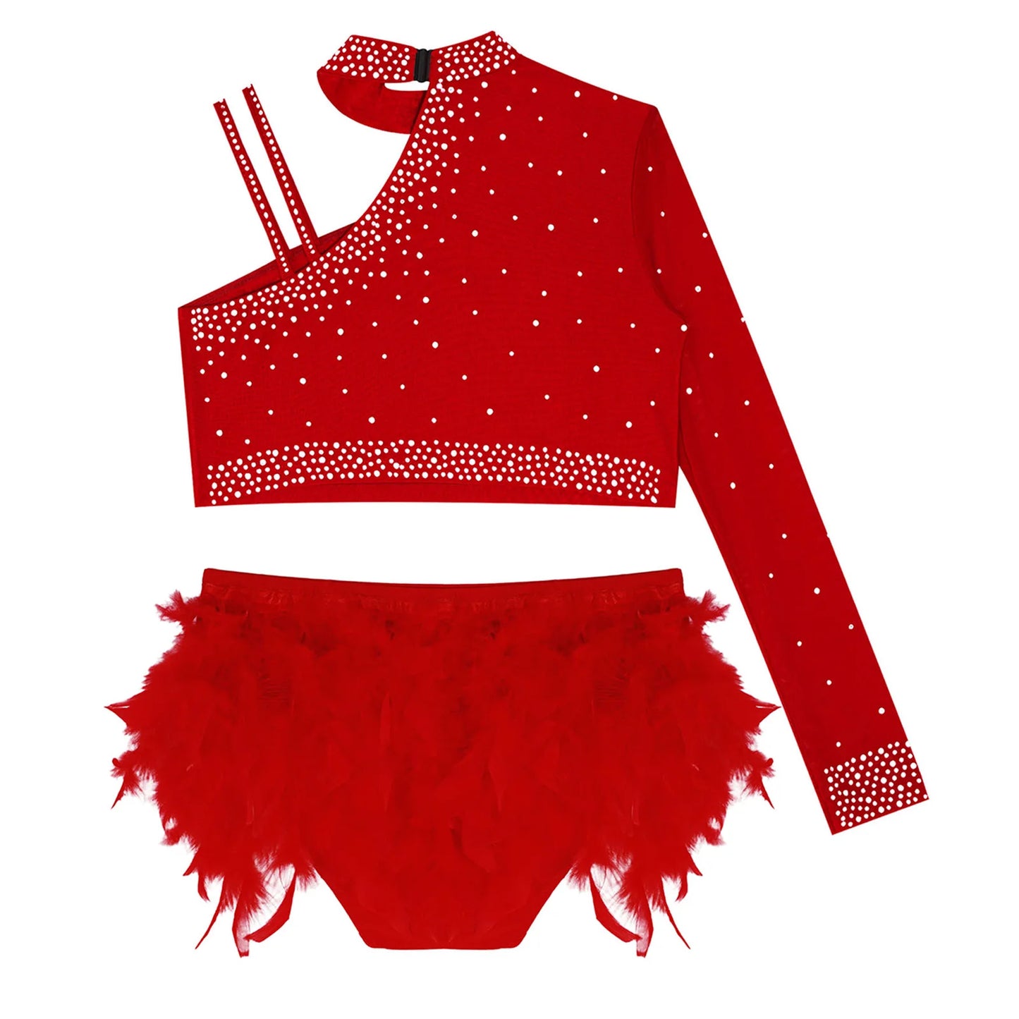 Girls Gymnastics Dance Performance Costume Rhinestone Crop Top With Feather Shorts Set (Age 6-16YRS)