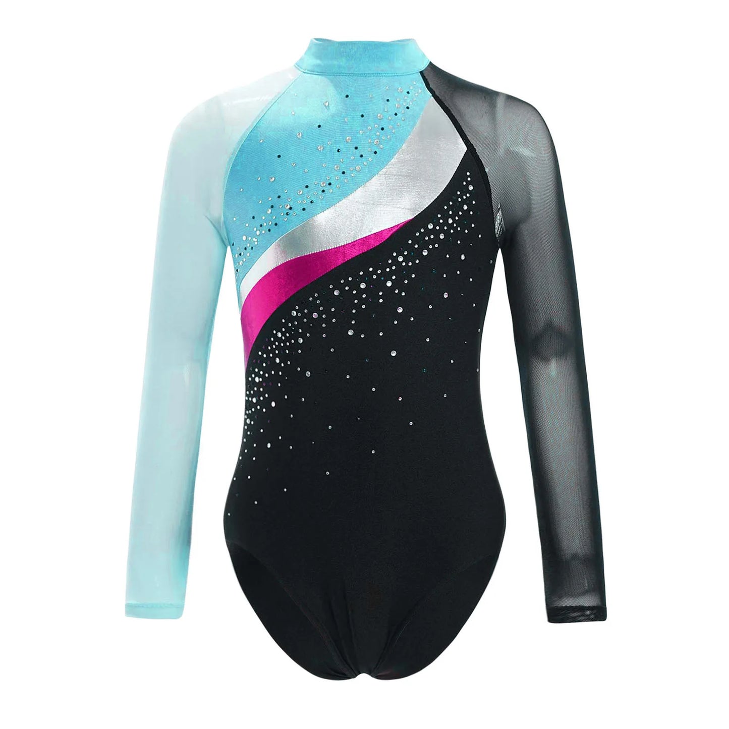 Girls Ballet Dance Leotard Gymnastics Rhinestones Sheer Mesh Long Sleeve (Age 4-16 YRS)