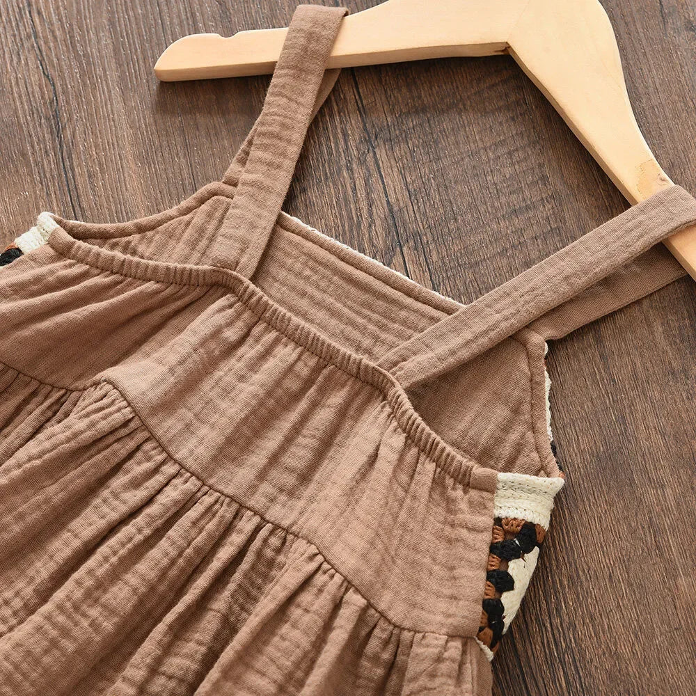 Girls Brown Retro Printed Plaid Camisole Top & Beige Trousers (Age 3-7YRS)