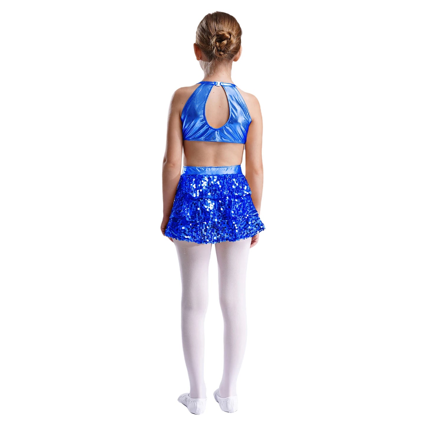 Girls Sequin Dance Sleeveless Cutout Tiered Ruffle Metallic Leotard Dress (Age 6-16 YRS)