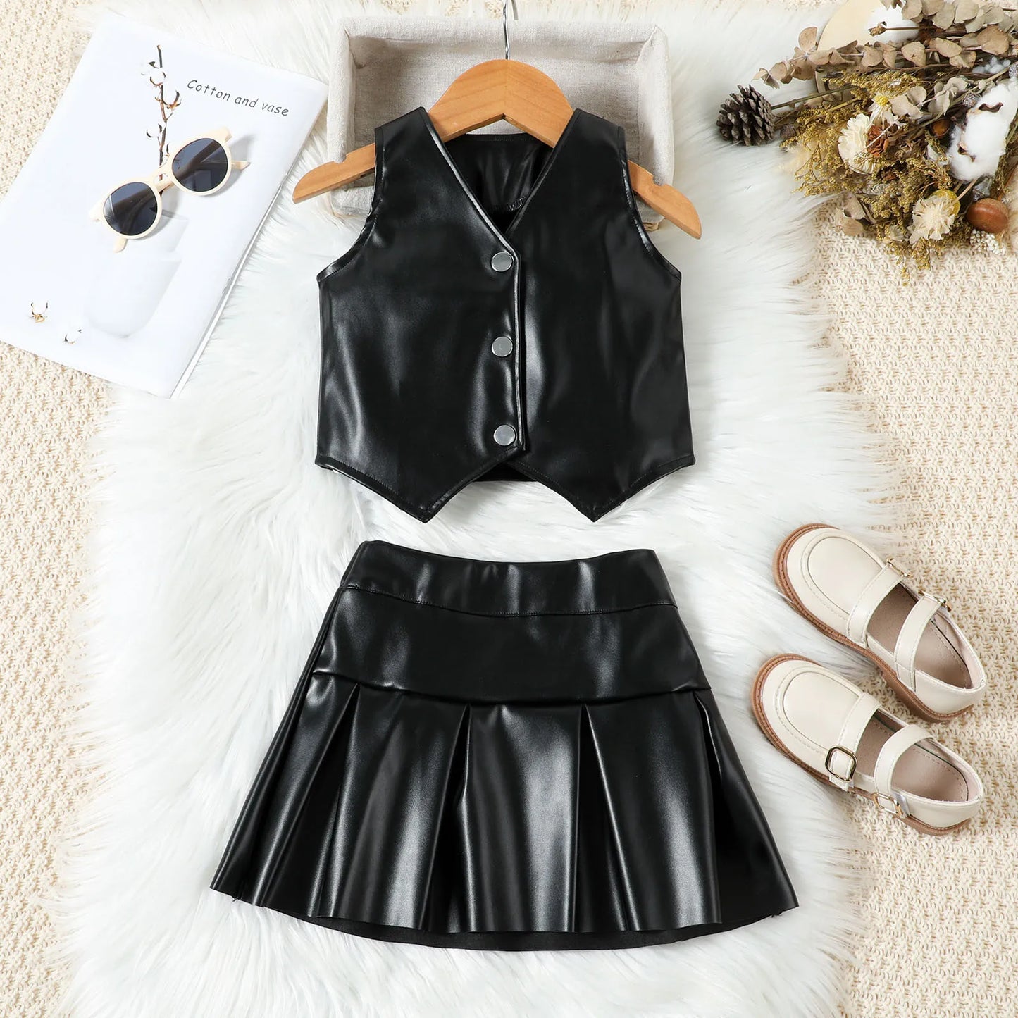 Toddler Girls Faux Leather Sleeveless Vest Top & Pleated Skirt Set (24M-6YRS)