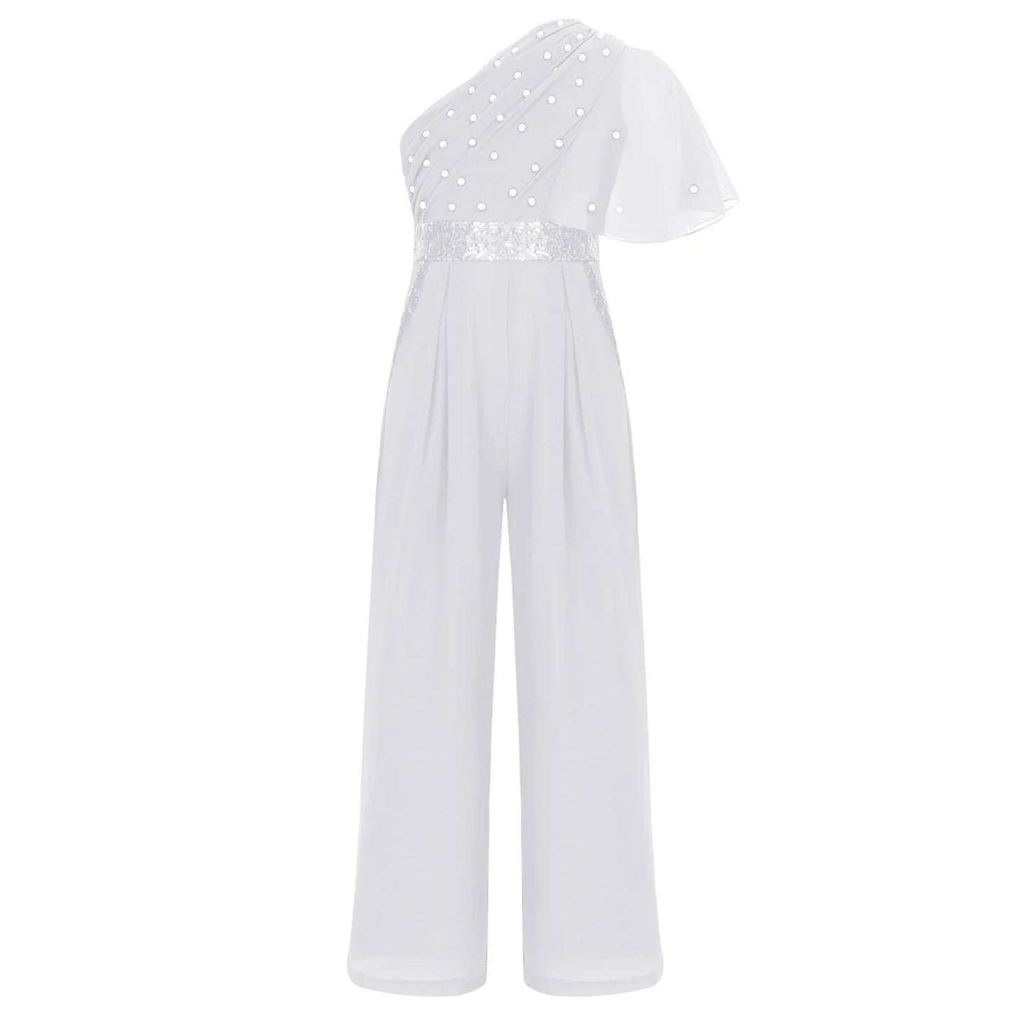 Girls One Shoulder PearlSequin Ruffled Wide Leg Jumpsuit (Age 6-14YRS)