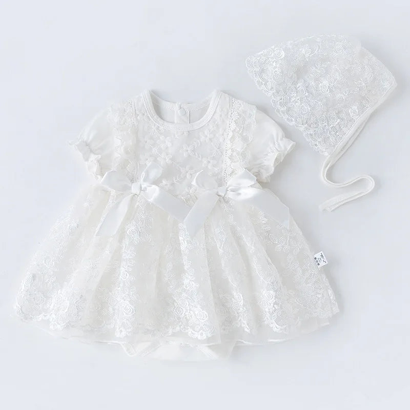 Baby Girls Short Sleeve Lace Dress & Bonnet (Age 3M-18M)
