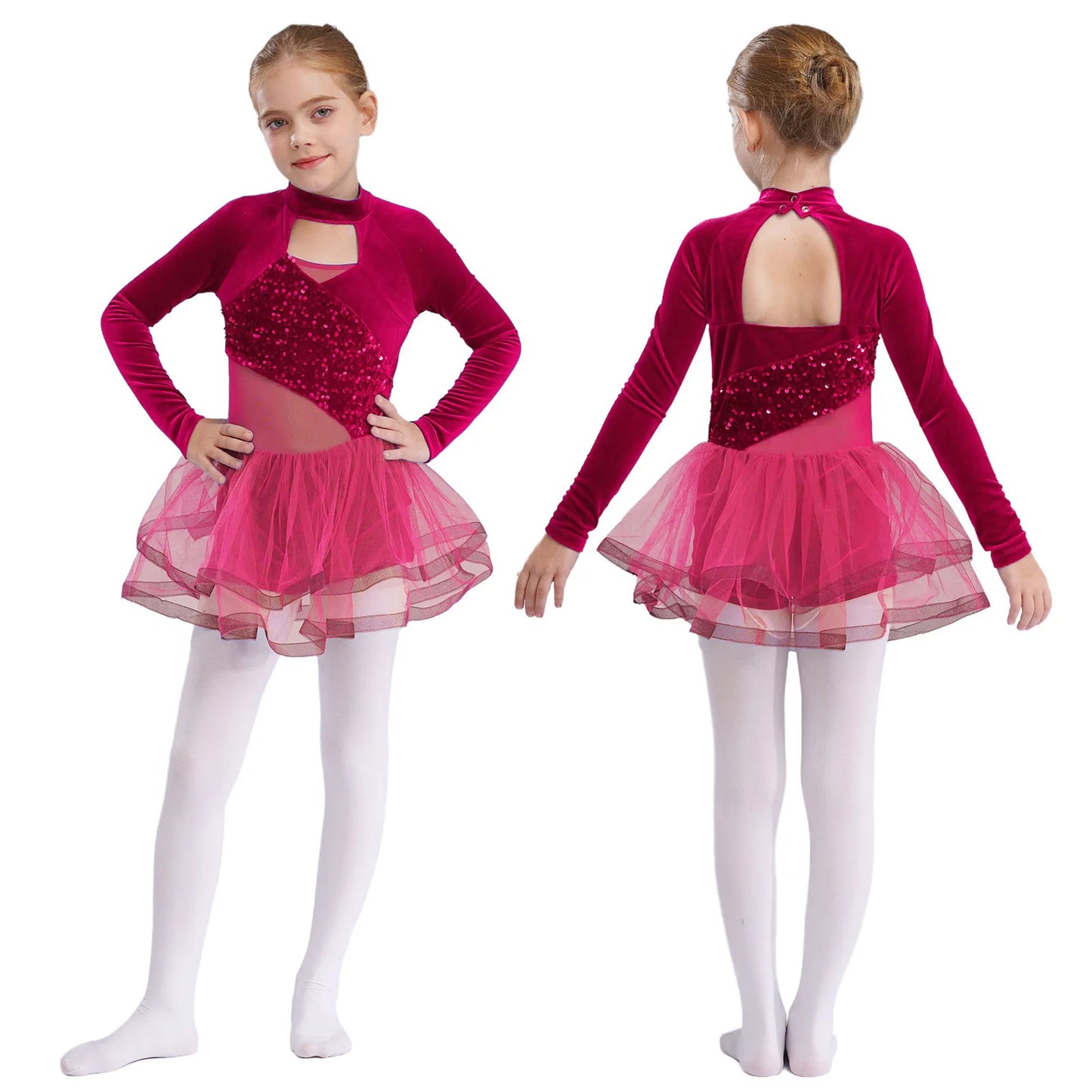 Girls Figure Skating Dance Costume Sequin Long Sleeve Velvet Mesh Leotard Dress (Age 6-14 YRS) Hot Pink