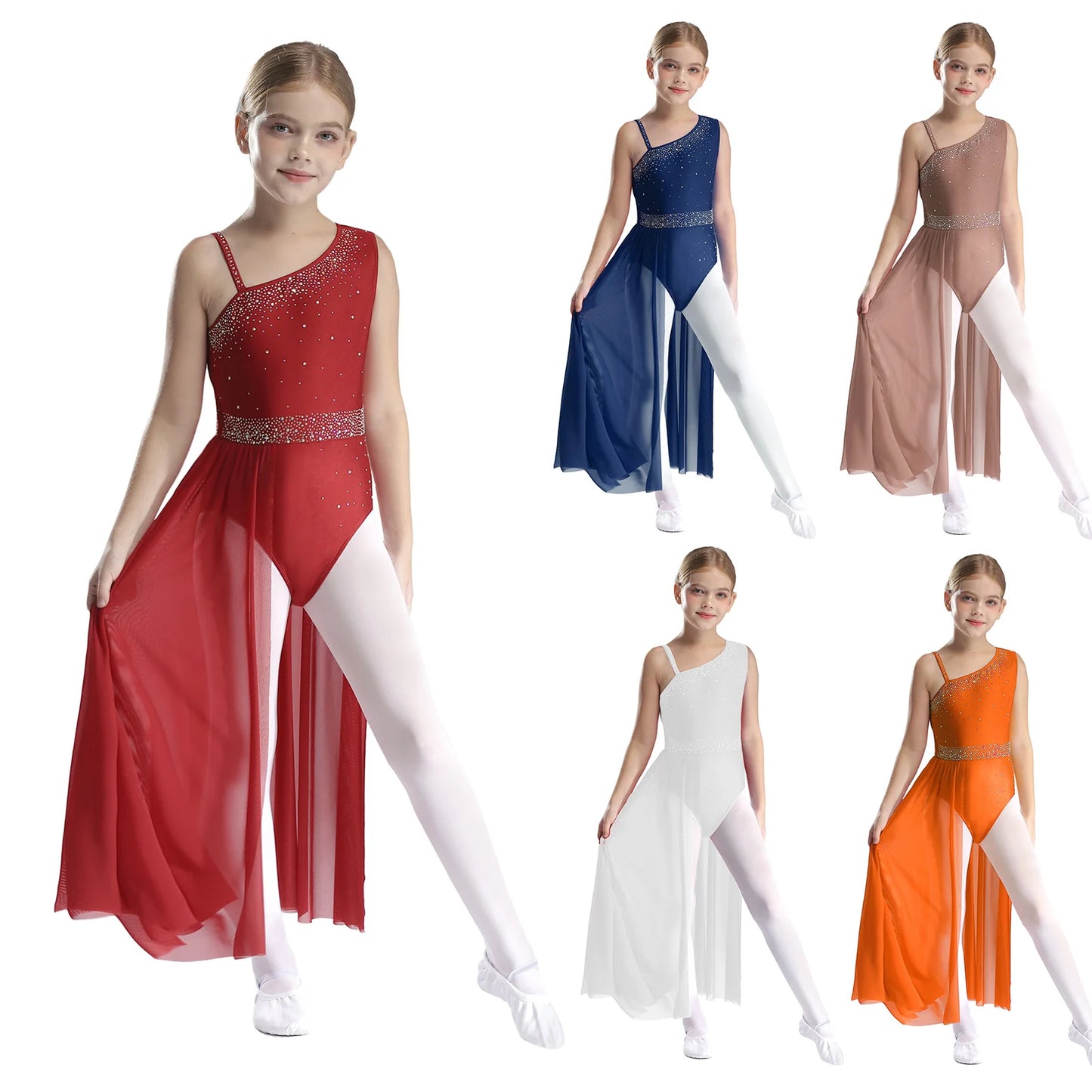 Girls Dance Costume Ballet Rhinestones Sleeveless Sheer Mesh Leotard Dress (Age 6-16 YRS)
