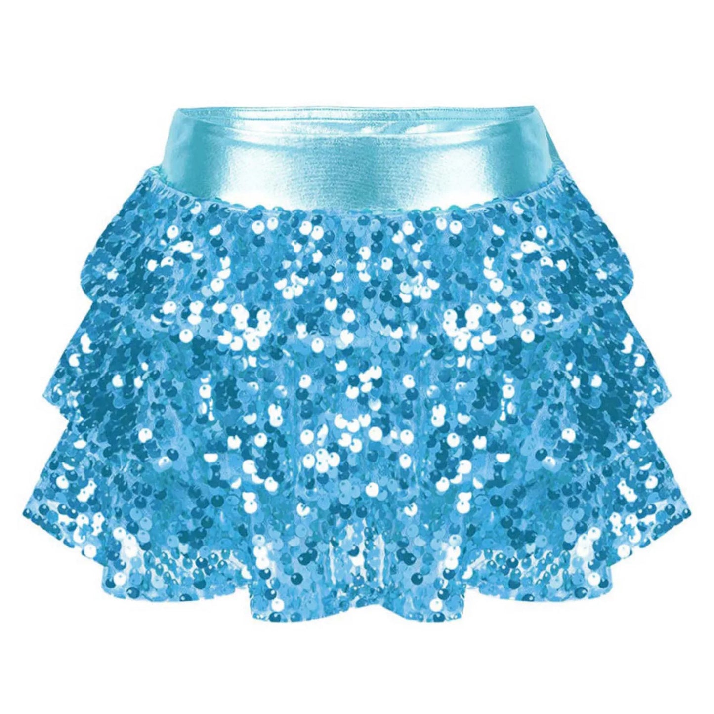 Girls Tiered Ruffle Dance Metallic Shiny Shorts (Age 4-16 YEARS) Light Blue