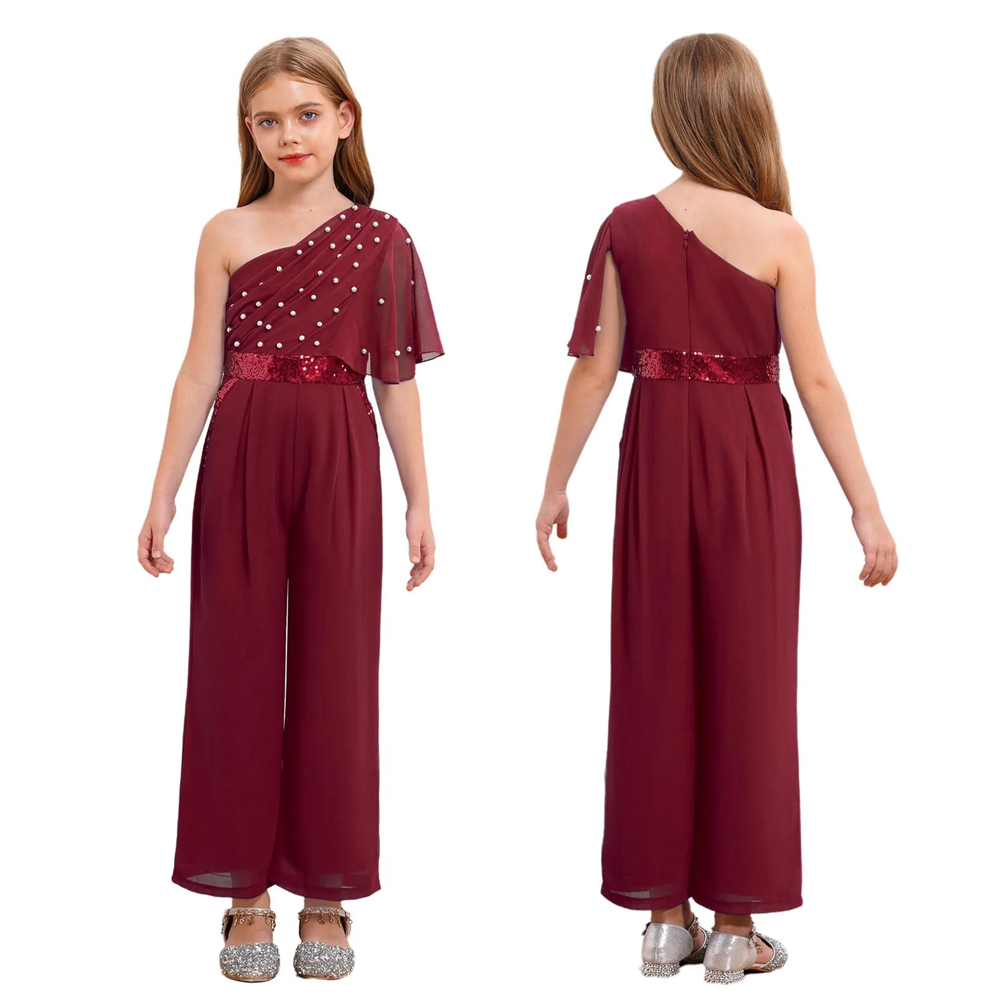 Girls One Shoulder PearlSequin Ruffled Wide Leg Jumpsuit (Age 6-14YRS) Burgundy