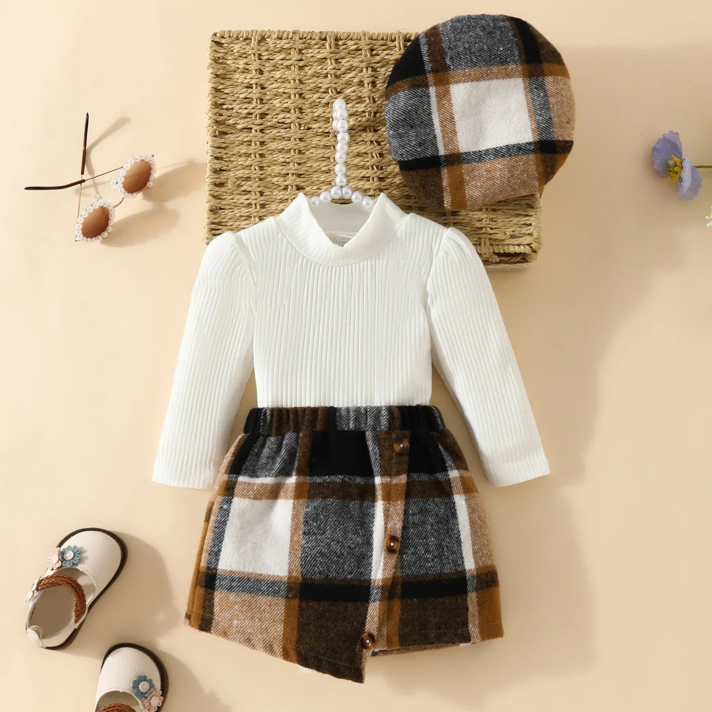 Baby/Toddler Girls Top & Houndtooth Skirt & Matching Beret Set (Age 6M-3YRS) Brown