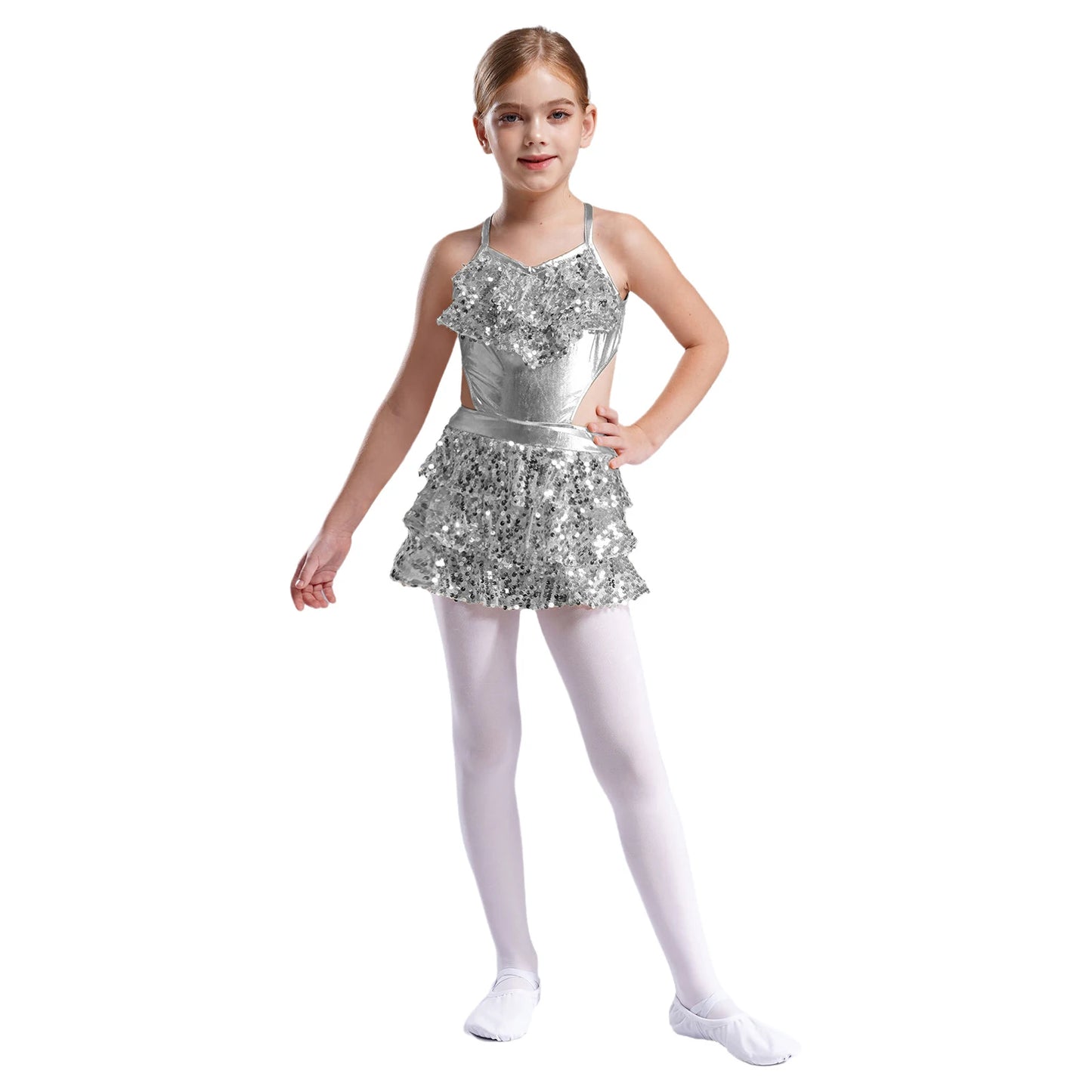 Girls Sequin Dance Sleeveless Cutout Tiered Ruffle Metallic Leotard Dress (Age 6-16 YRS)