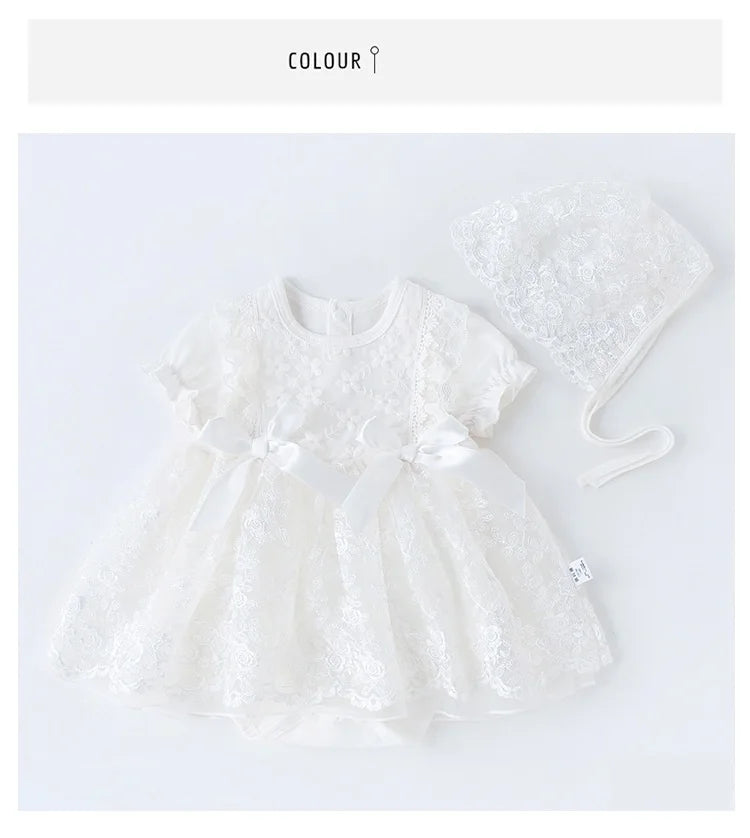 Baby Girls Short Sleeve Lace Dress & Bonnet (Age 3M-18M)