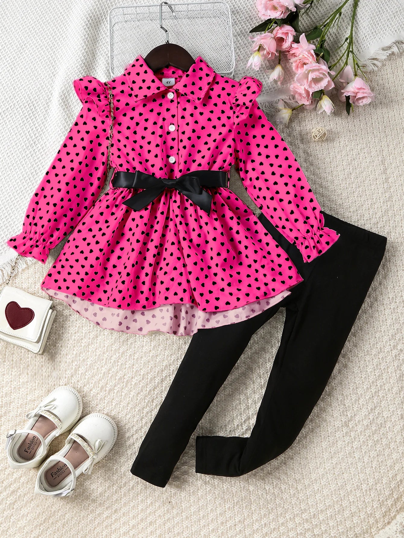 Girls Polka Dot Shirt Leggings & Belt Set (Age 24M-7YRS) Pink