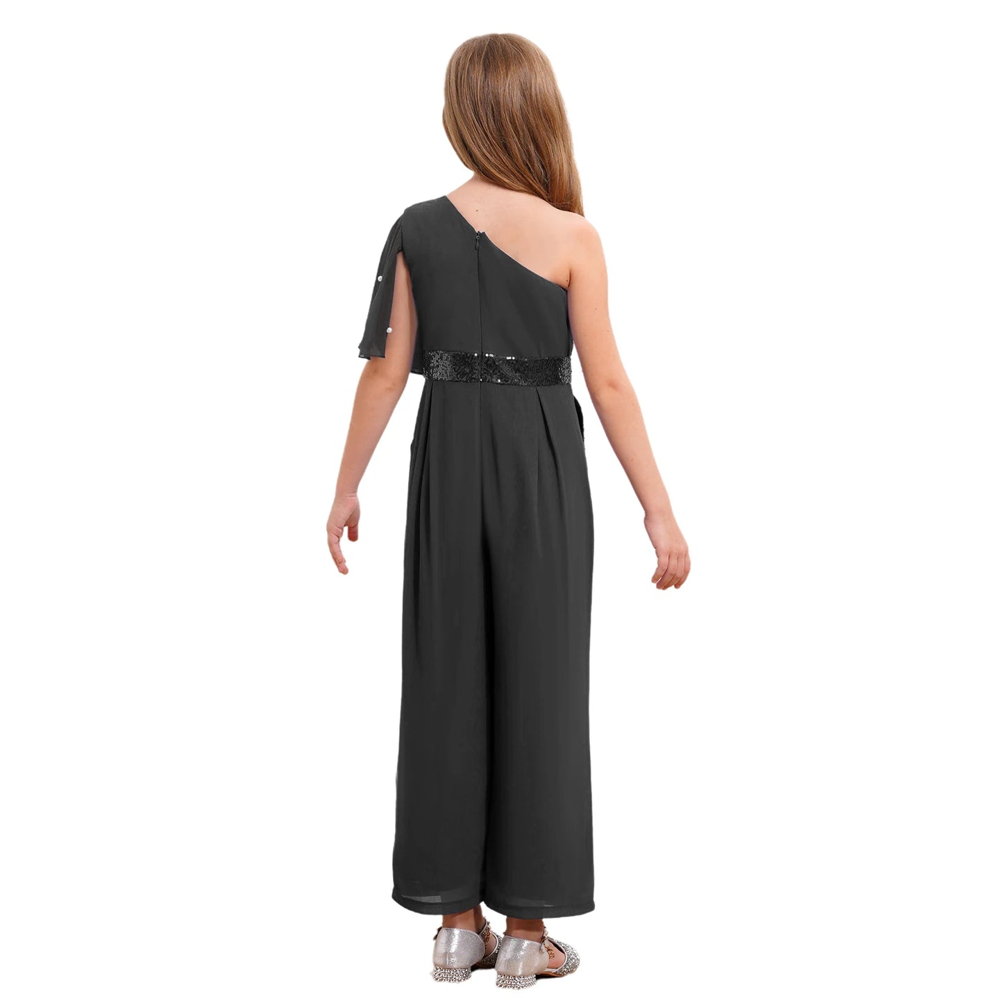 Girls One Shoulder PearlSequin Ruffled Wide Leg Jumpsuit (Age 6-14YRS)