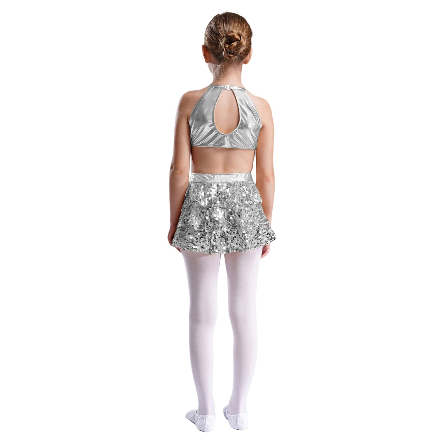 Girls Sequin Dance Sleeveless Cutout Tiered Ruffle Metallic Leotard Dress (Age 6-16 YRS)