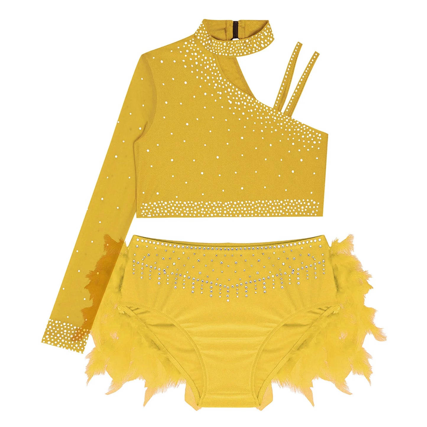 Girls Gymnastics Dance Performance Costume Rhinestone Crop Top With Feather Shorts Set (Age 6-16YRS)