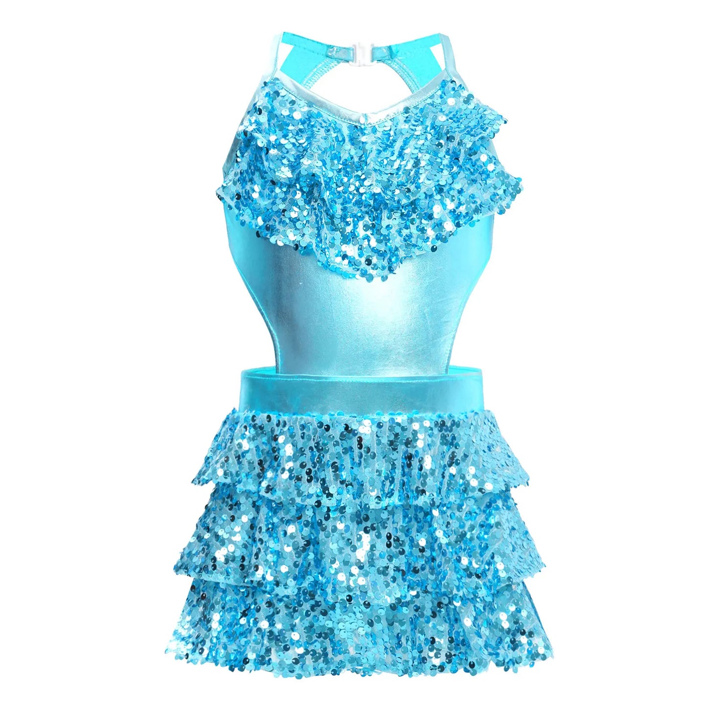 Girls Sequin Dance Sleeveless Cutout Tiered Ruffle Metallic Leotard Dress (Age 6-16 YRS)