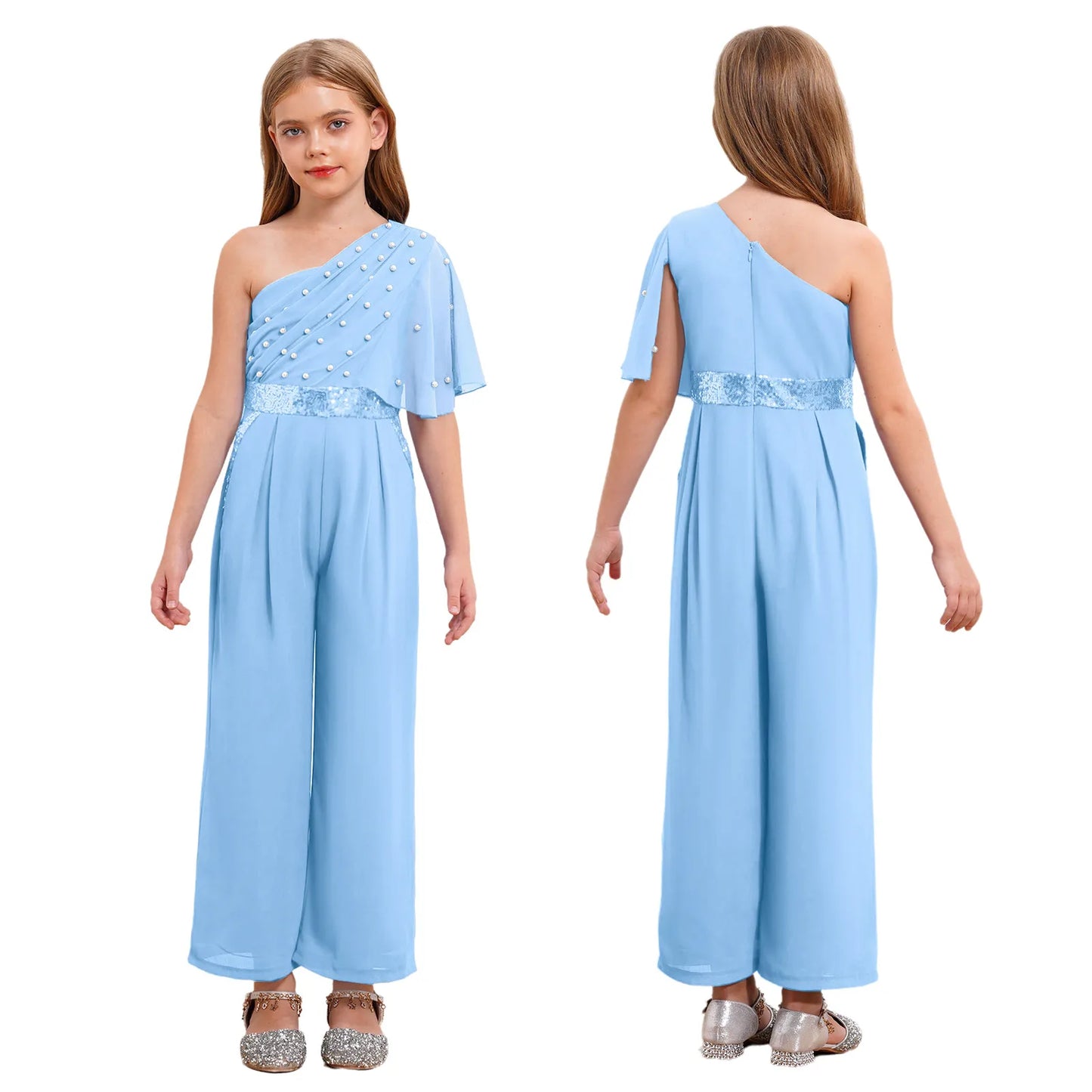 Girls One Shoulder PearlSequin Ruffled Wide Leg Jumpsuit (Age 6-14YRS) Light Blue