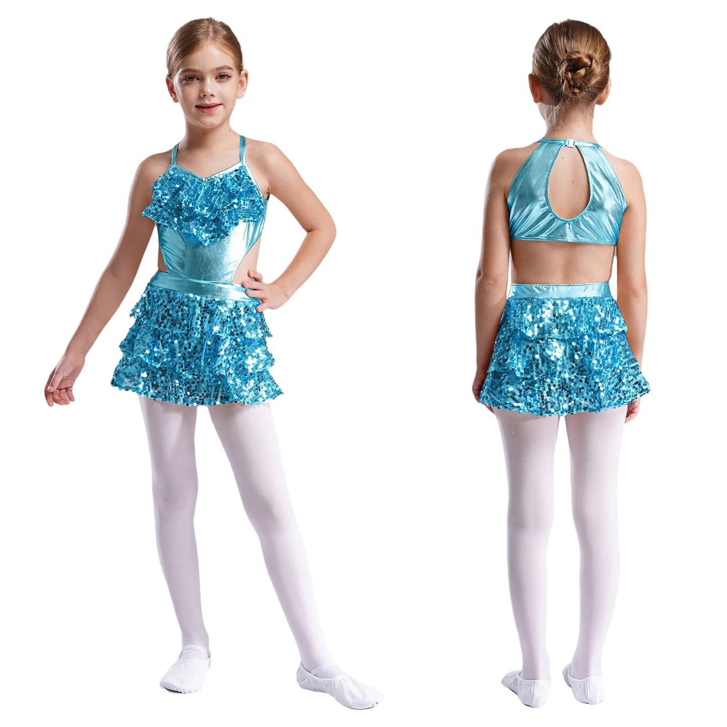 Girls Sequin Dance Sleeveless Cutout Tiered Ruffle Metallic Leotard Dress (Age 6-16 YRS) Light Blue