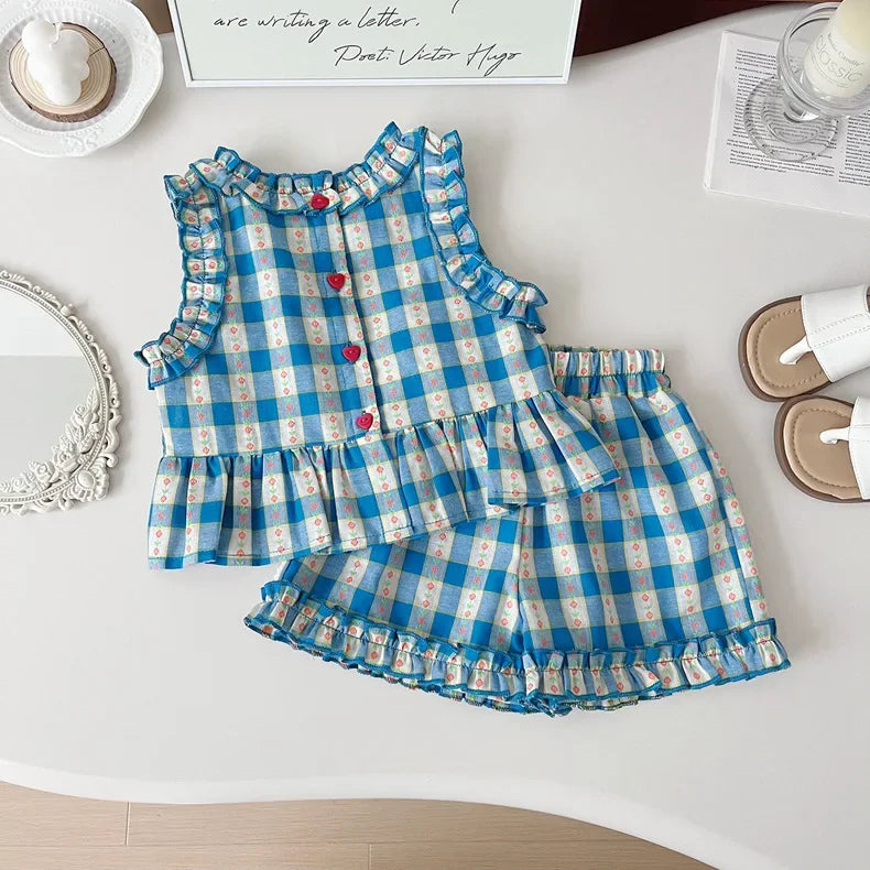 Girls Plaid Print Sleeveless Top & Wide Leg Pants & Shorts Set (Age 3-7 YRS)