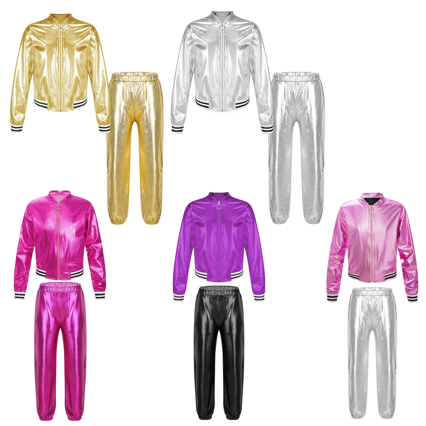 Girls Metallic Long Sleeves Bomber Jacket Coat & Pants Set (Age 6-16YRS)