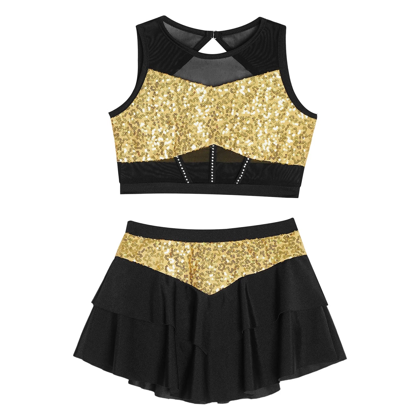 Girls Sequin Sheer Mesh Crop Top & Tiered Skirt Set (Age 6-16YRS)
