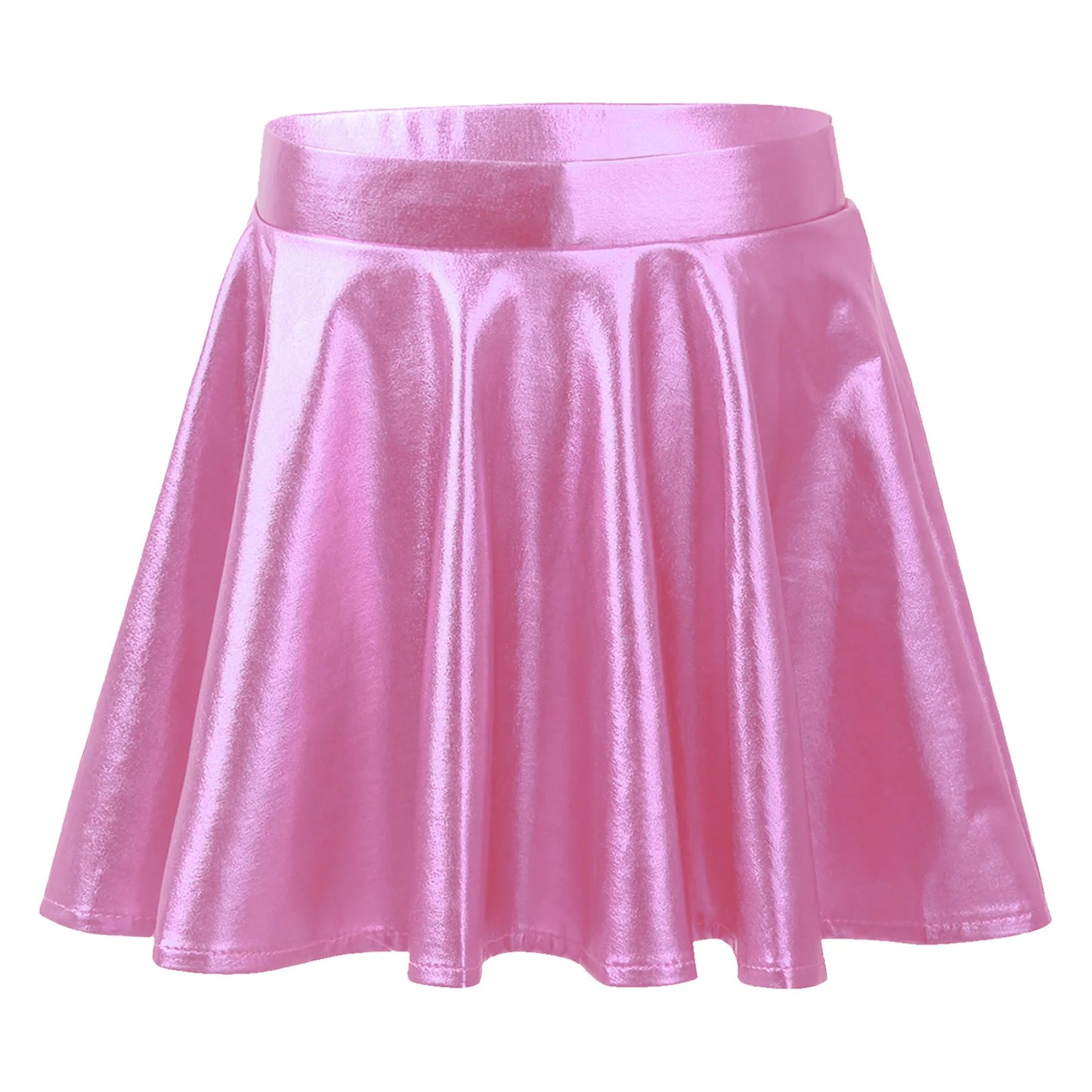 Girls Glossy Metallic Flared Pleated A-Line Miniskirt (Age 6-12 YRS) Pink