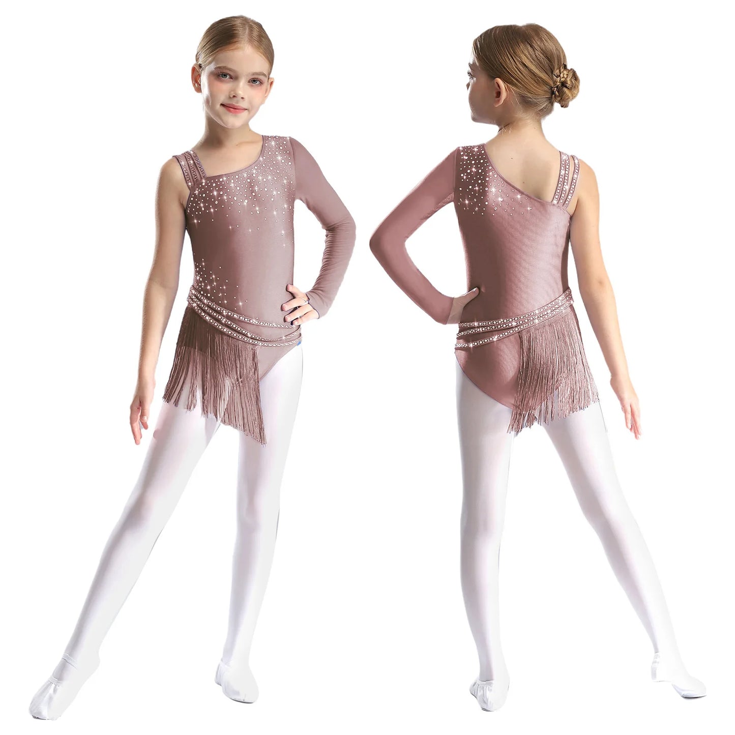 Girls Figure Skating Rhinestone Irregular Tassel Bodysuit Leotard (Age 6-16YRS) Dusty Pink