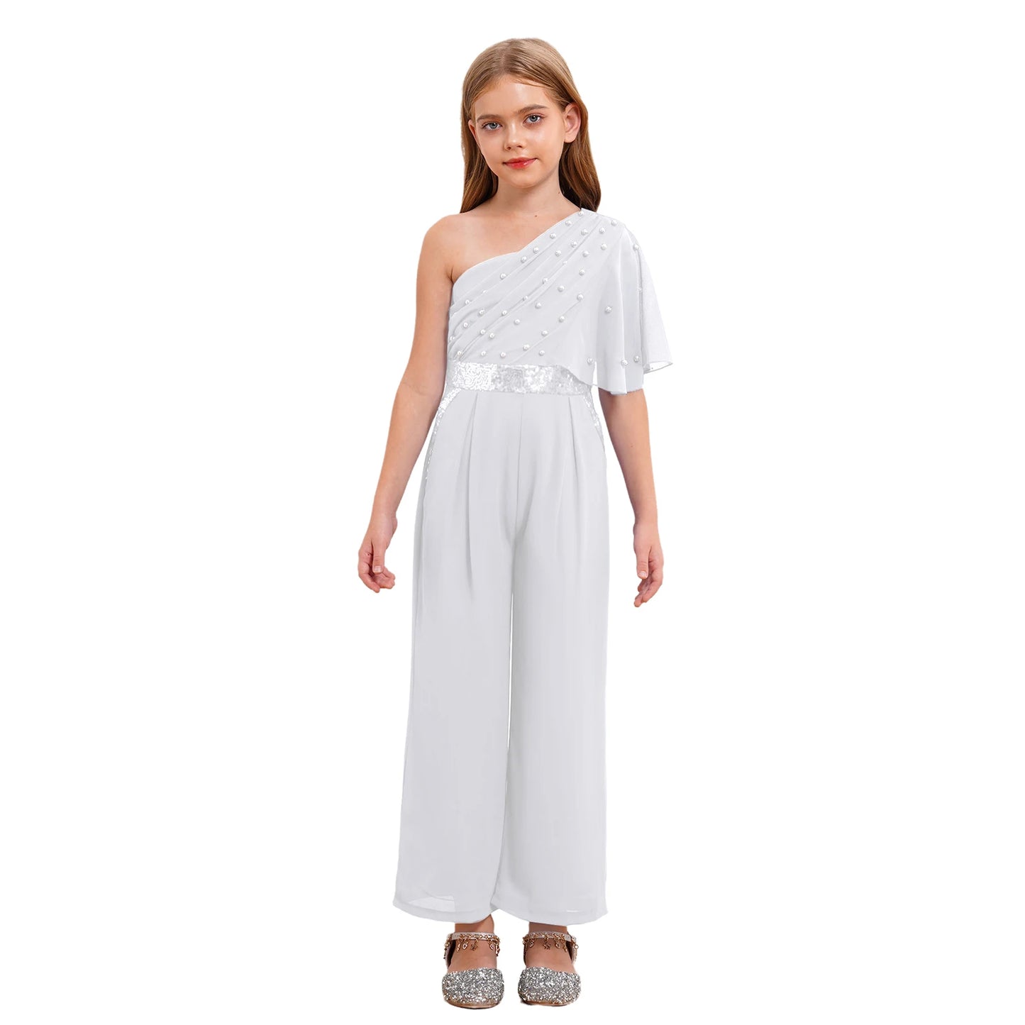 Girls One Shoulder PearlSequin Ruffled Wide Leg Jumpsuit (Age 6-14YRS)