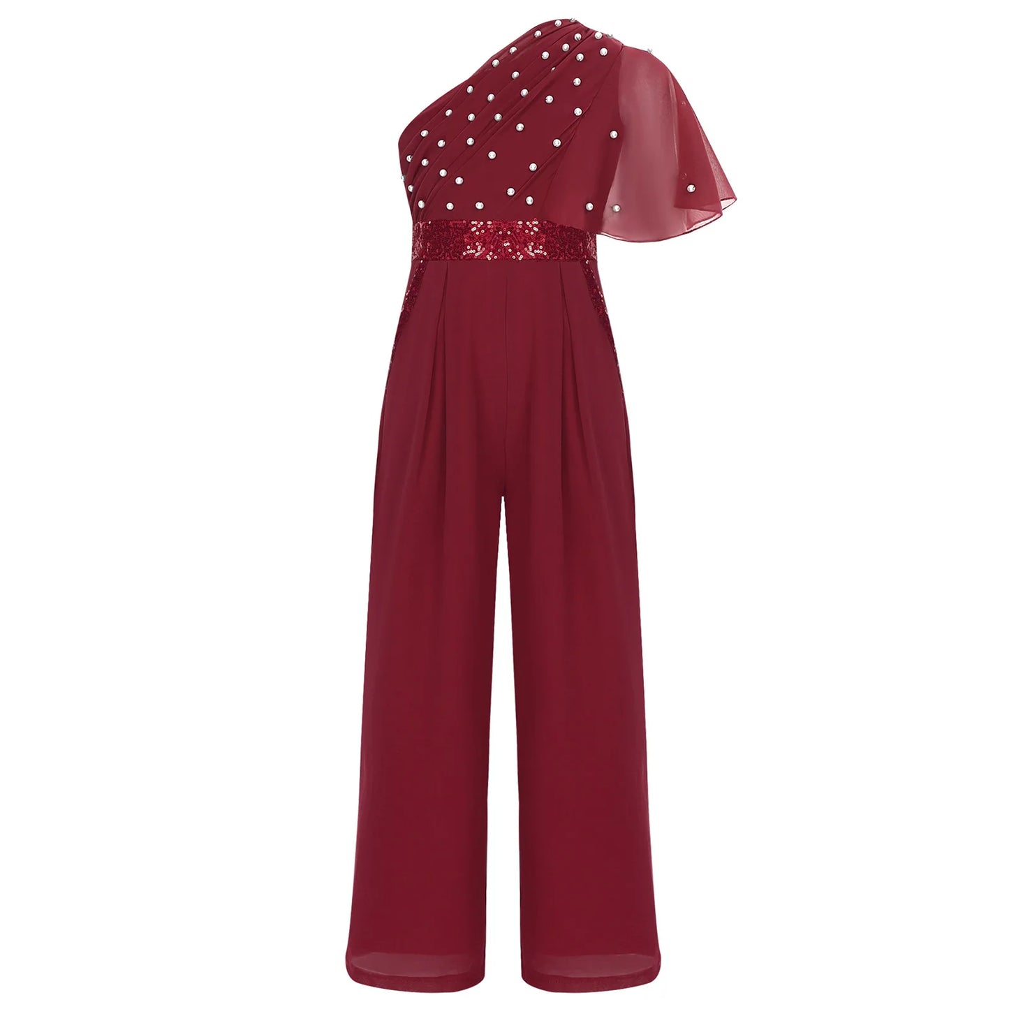 Girls One Shoulder PearlSequin Ruffled Wide Leg Jumpsuit (Age 6-14YRS)