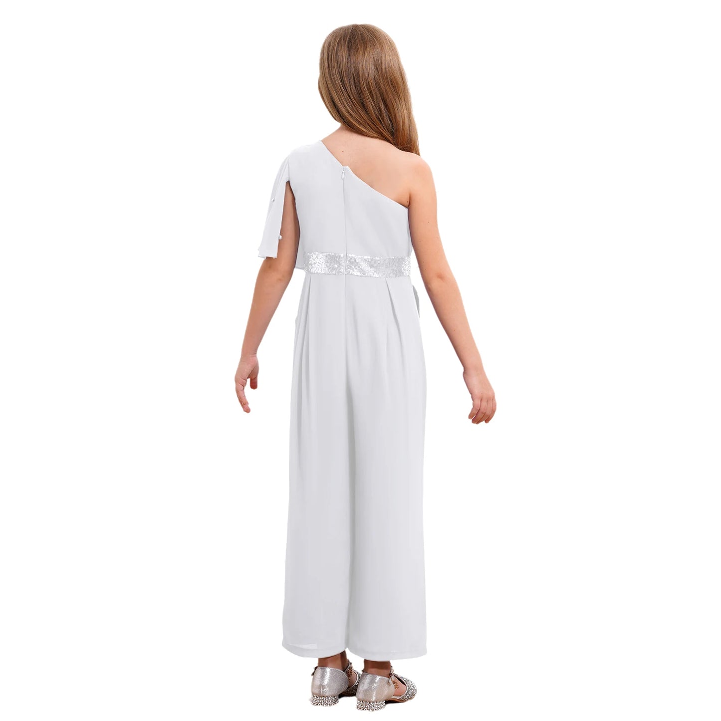 Girls One Shoulder PearlSequin Ruffled Wide Leg Jumpsuit (Age 6-14YRS)